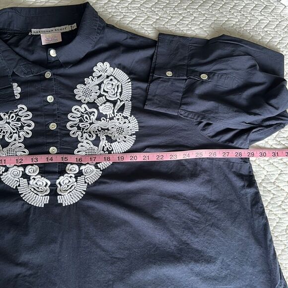 GRETCHEN SCOTT  Acapulco tunic top navy blue white embroidery Size Diva - Picture 9 of 11